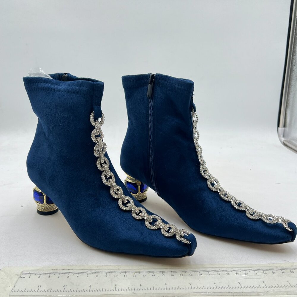 XYD Dark Blue Chain Link Closed Toe Ankle Boots Low Chunky Crystal Gem Heel Boot - Picture 4 of 8